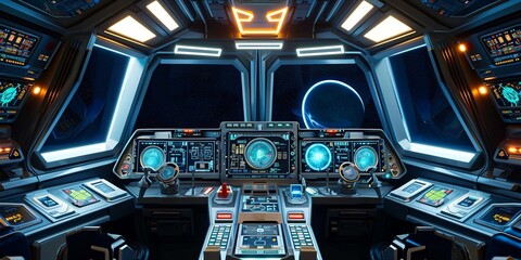  a spaceship cockpit background with high-tech controls and screens. - obrazy, fototapety, plakaty