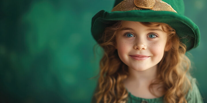 Cute little girl wearing in a St Patrick's day hat against a green background.