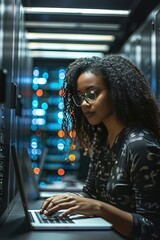 Young black woman using a laptop in a dark server room. Efficiently working in a dark server room, maintaining network stability.