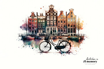 A minimalist watercolour depiction of Amsterdam's canal houses and a bicycle in the foreground, using a palette of earthy tones to reflect the city's historic charm.