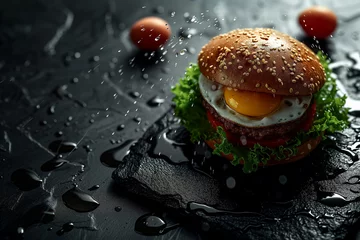 Fototapeten Verlockende Burgerkreation: Saftiger Burger mit Spiegelei und Pattie auf eleganter schwarzer Steinplatte mit verlockenden Fettspuren und erfrischenden Wassertropfen © Patrick