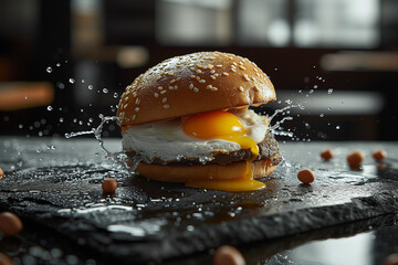 Verlockende Burgerkreation: Saftiger Burger mit Spiegelei und Pattie auf eleganter schwarzer Steinplatte mit verlockenden Fettspuren und erfrischenden Wassertropfen