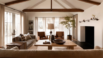 Interior of living room with green house plants and sofas