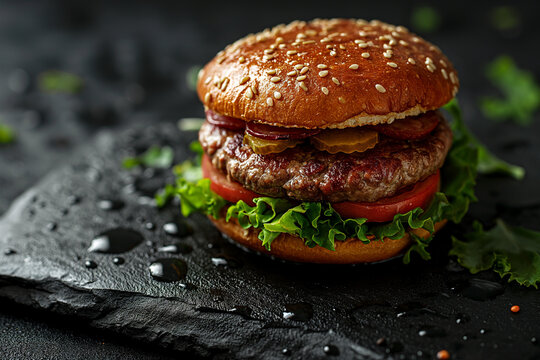Verlockende Burgerkreation: Saftige Burger mit Patties auf eleganter schwarzer Steinplatte mit verlockenden Fettspuren und erfrischenden Wassertropfen