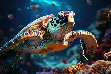 Fototapeten minimalistic design underwater coral reef with colorful fish and turtle. marine life, © Dipankar