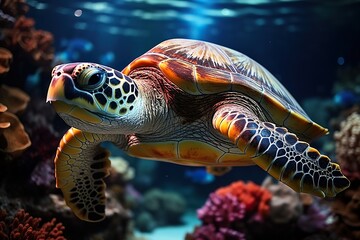 minimalistic design underwater coral reef with colorful fish and turtle. marine life,