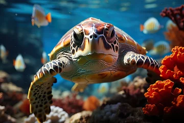 Fotobehang minimalistic design underwater coral reef with colorful fish and turtle. marine life, © Dipankar