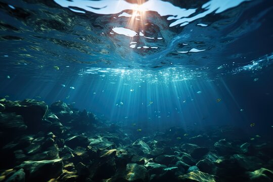 minimalistic design Underwater sea in blue sunlight,