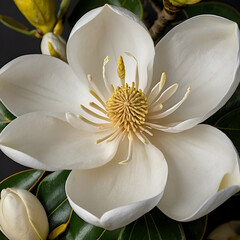 A close photo of a magnolia flower with white petals and yellow stamens