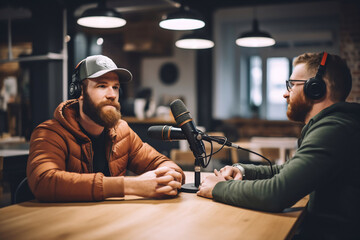 Picture of two men talking on live streaming. Concept of the podcast in the studio. People in headphones on, interview, broadcast, recording audio, online show