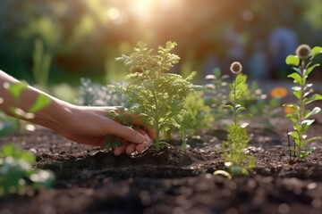 Fototapeta premium Tender Care in Planting: A Hand Nurturing a Young Tree