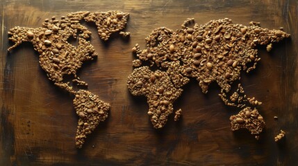 World map made of nuts. All continents of the nuts world