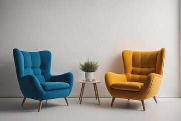Multicolored armchairs against of white wall 
