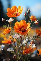 Bright orange cosmos flowers in full bloom with delicate white blossoms and buds