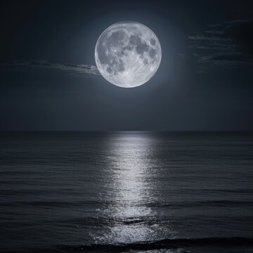 A full moon is shining over the ocean. © tilialucida