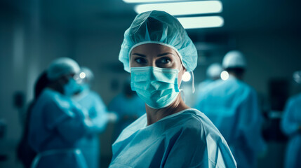  A woman wearing a surgical mask in a hospital setting. Highlights mask use in healthcare, emphasizing infection control. Healthcare, infection control. Medical attire, safety precautions.