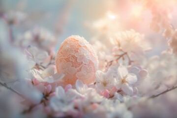 Exquisite Easter egg with handmade lace with fresh flowers. Easter backdrop with copy space, pastel spring background