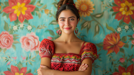 Portrait of a mature cheerful Mexican woman with a pleasant smile and arms crossed on her chest, against a wall in national Mexican style