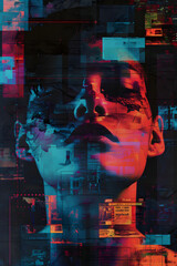Fototapeta premium Neon Glitch: Digital Patchwork-Tech Artwork with Older Portrait Images - Generative AI
