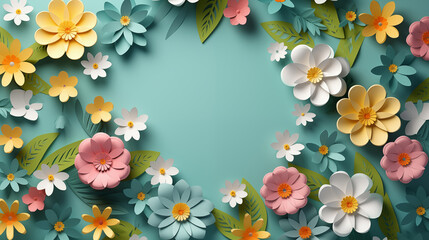 Hello Spring or summer banner with 3d colorful flowers and leaves. Greeting card, invitation template. Modern banner poster, sale template background - obrazy, fototapety, plakaty