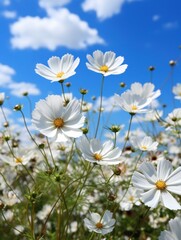 White daisies with yellow centers against a blue sky with fluffy clouds © kaleidoscope
