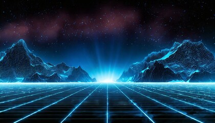  Abstract digital landscape with particles dots and stars on horizon. Wireframe landscape background 