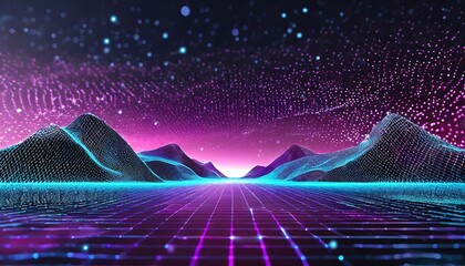  Abstract digital landscape with particles dots and stars on horizon. Wireframe landscape background 