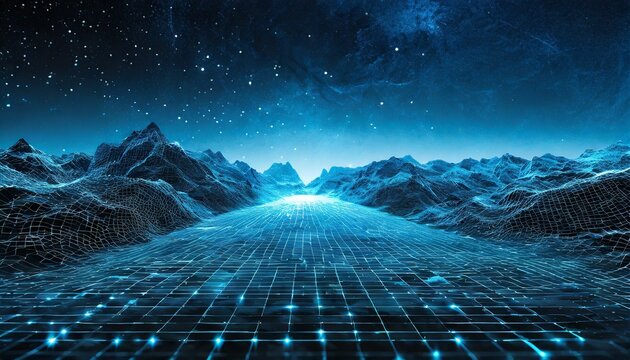  Abstract digital landscape with particles dots and stars on horizon. Wireframe landscape background 