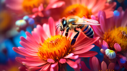  A group of bees are actively flying around a bright variety of flowers, pollinating them. Captures the dynamic interaction between the bees and the flowers - obrazy, fototapety, plakaty