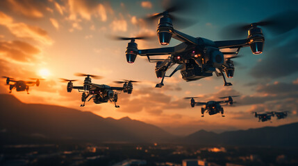 A group of small drones soars through the sky above a bustling cityscape. Generative AI