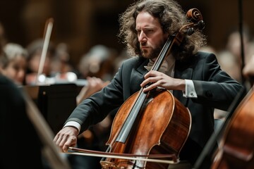 A cellist performs a work during a symphony orchestra concert.