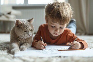 A child does his homework at home, accompanied by his pet cat.