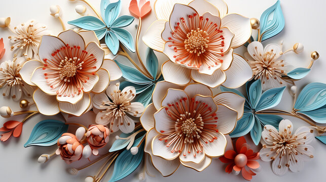 3d Flowers Sublimation, Salmon, Turquoise, Gold, Wrap, Pastel, flowers on a wooden background, bouquet of colorful roses, Created using generative AI