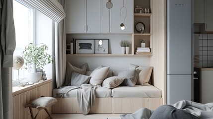 a very small family corner adorned with Nordic-style storage spaces, where minimalist design meets functionality in a harmonious blend of form and utility.