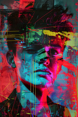 Neon Glitch: Digital Patchwork-Tech Artwork with Older Portrait Images - Generative AI