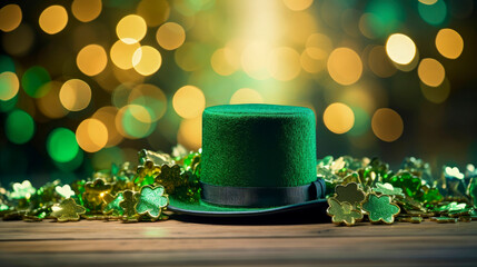 Banner with Shiny green hat, and clover shamrocks leaves on wooden table. St. Patrick's day concept. Holiday symbol, earth day. Blurred background with bokeh. Copy space.
