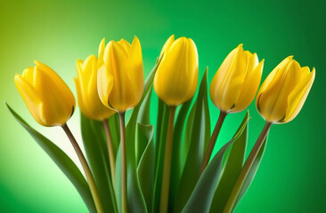 Fototapeta premium Bouquet of yellow tulips on a green background. Copy space