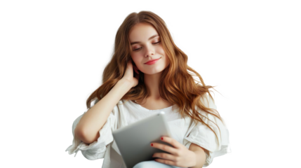 Beautiful Blond Girl Using Tablet, Isolated on Transparent or White Background No Shadow - Hand Edited