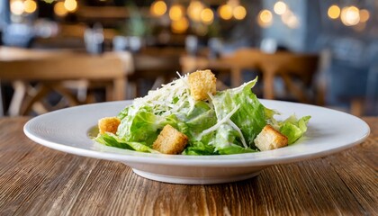 Close up of fresh caesar salad with lettuce, croutons, parmesan cheese - obrazy, fototapety, plakaty