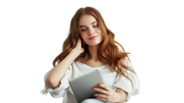 Beautiful Blond Girl Using Tablet, Isolated on Transparent or White Background No Shadow - Hand Edited