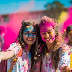 Happy Indian female friends having fun at Holi festival Smiling Faces covering a Holi powders