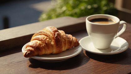 Morning breakfast. Croissant and coffee on the table