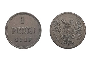1 Penni 1917. Coin of Finland. Obverse Imperial double eagle holding scepter and orb.  Reverse Denomination and date