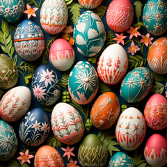 Fototapeta na wymiar A collection of brightly decorated eggs is neatly placed on a table. Illustrates how decorated eggs can become the centerpiece of an Easter or holiday meal. Festive centerpiece, holiday meal.