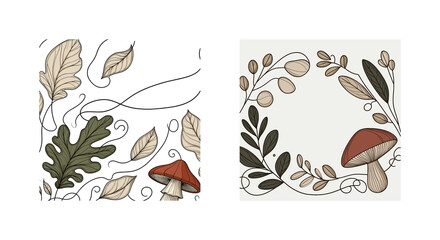 Designer frame in a botanical style, with oak leaves and mushrooms with burgundy caps, executed in a vector style, with empty space for your text.