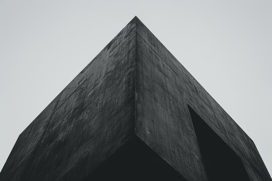 Monochrome image of a stark black geometric structure creating a pointed edge against the sky