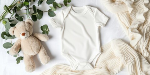 White cotton baby short sleeve bodysuit, toy teddy bear and eucalyptus branch on white ivory blanket throw background. Blank infant onesie mockup template