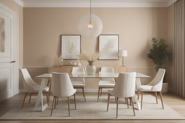 Interior of modern dining room, dining table and white chairs in room with beige wall 