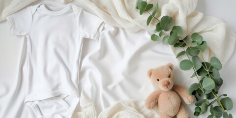 White cotton baby short sleeve bodysuit, toy teddy bear and eucalyptus branch on white ivory blanket throw background. Blank infant onesie mockup template