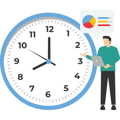 Businessman standing beside the big clock, managing time and achieving success with his business. Finance concept, time management. self-discipline. Time is money. Flat vector illustration.